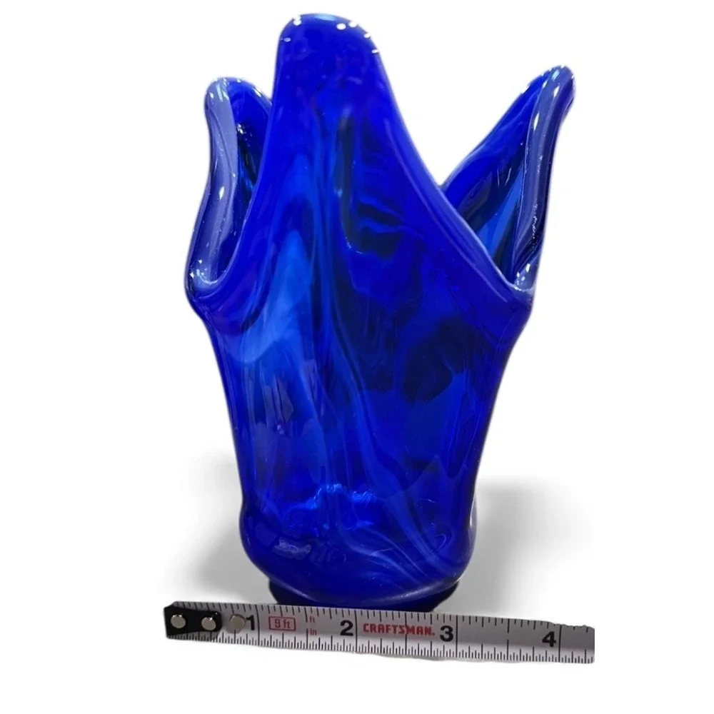 Vibrant Cobalt Blue Swirl Art Glass Vase Sculptural Modern Decor